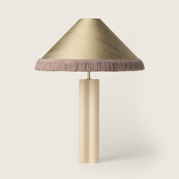 SILK SHADE TABLE LAMP WITH FRINGE by Bold and Panache, Ivory clay and Gold Olive