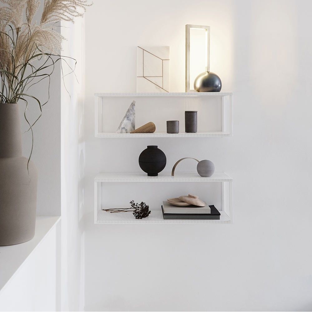2 beige grid wall shelf by Kristina Dam