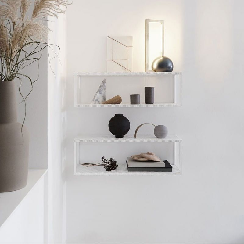 2 beige grid wall shelf by Kristina Dam