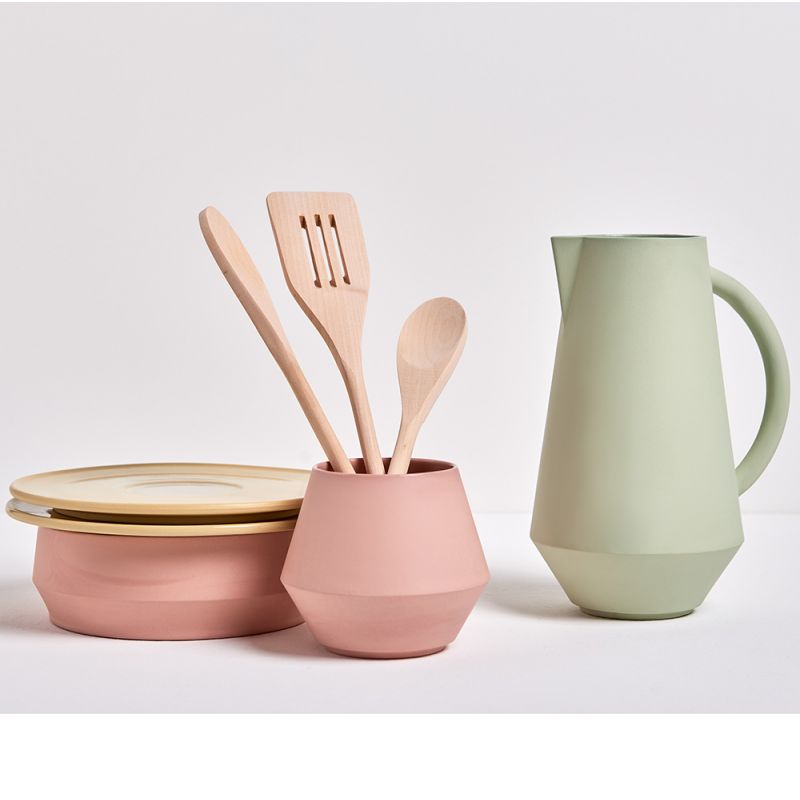 unison carafe by Schneid studio in pale green with plates