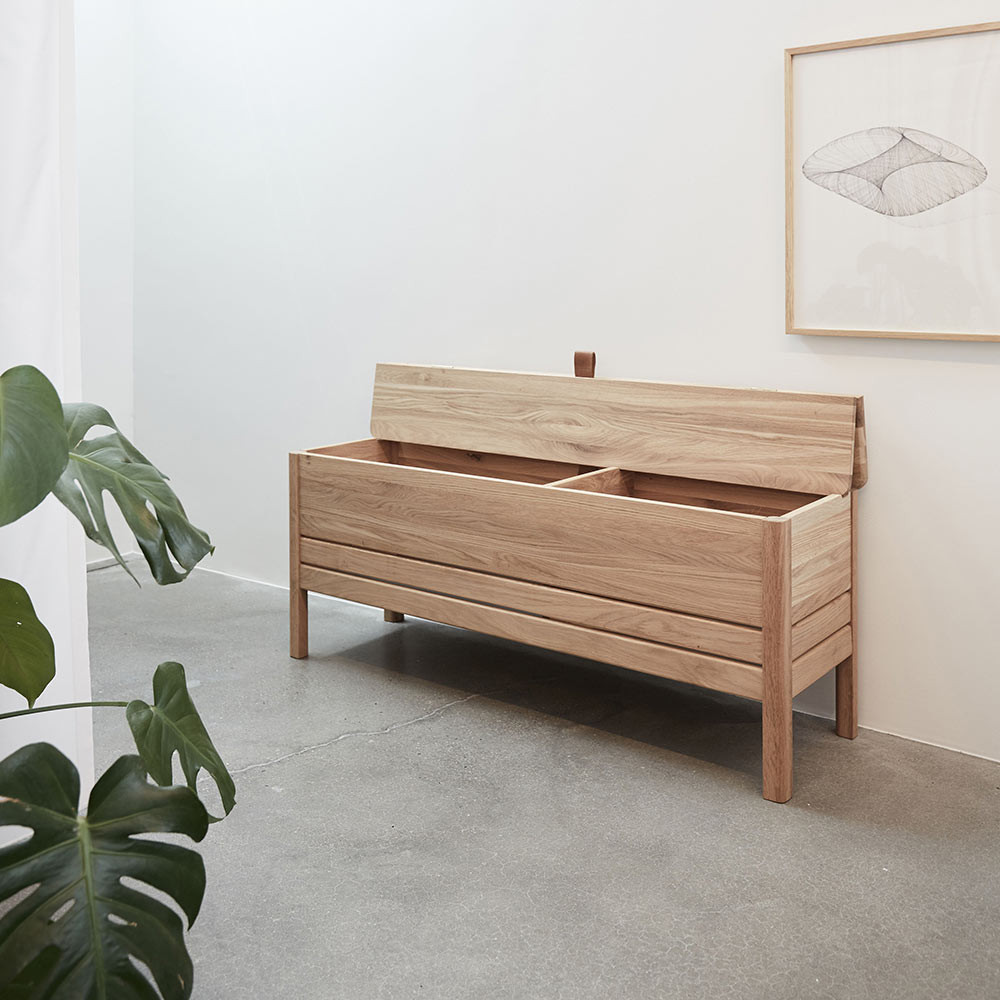 a line storage bench white oak form and refine