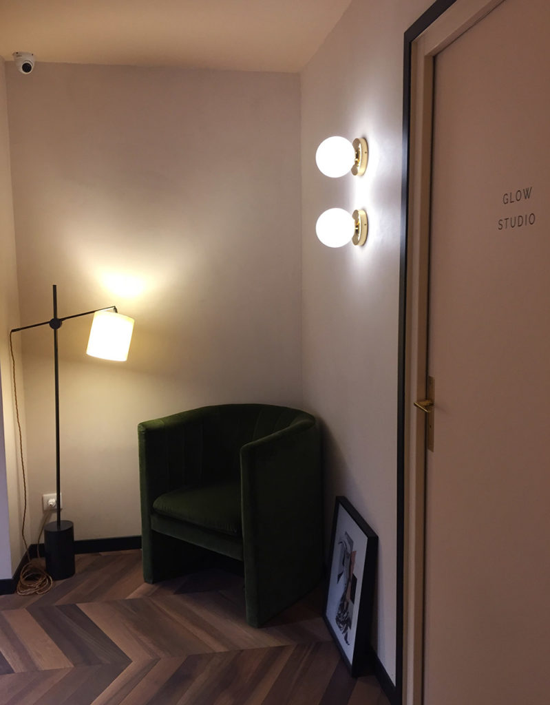 Brass wall lights by Pedret as seen in Aime Skincare Paris